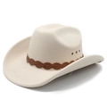 Sombrero vaquero clásico de lana crema con banda de cuero trenzado marrón - M (56-58cm) / Beige