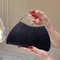 Elegant black pleated evening clutch bag with silver ring handle and crystal clasp - Round Ball Clasp Pleated Style / Black
