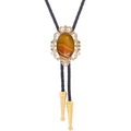 Golden crown Bolo tie with brown striped agate stone and black braided leather rope - 27 (Gold with Carnelian)