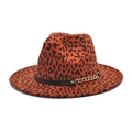 Cappello fedora in lana leopardata caramello con cinturino in pelle e catena dorata - M(56-58cm) / Borgogna