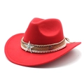 Close-up of red felt cowboy hat featuring a star-studded woven band and turquoise detail - M (56-58cm) / Red