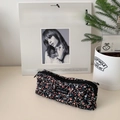 Floral corduroy pouch with zipper and Merci Paris label on a stylish desk setting - Small Floral Black