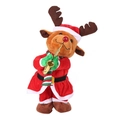 Electric plush reindeer toy in Santa outfit playing saxophone on a white background - Saxophone Christmas Reindeer