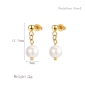 Golden stainless steel C-shaped earrings with round white pearl drop and stud back - Gold (LE3066)