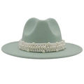 Elegant sage green wool felt fedora hat featuring a wide brim and pearl bead embellishment - Mint Green (Large Pearl)