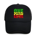 Classic black trucker hat with One Love fist print and breathable mesh back for sun protection - M (56-58cm) / Black