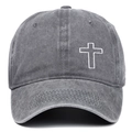 Detail of washed charcoal grey cotton baseball cap with white cross embroidery and stitching - Adjustable / Gray