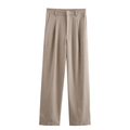 Flat lay of khaki high-waisted wide-leg trousers with smooth professional suiting fabric - S / Brown Pants