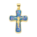 Macro detail of gold-plated cross pendant with Jesus relief and abalone shell inlay - Blue Cross Jesus Pendant-48