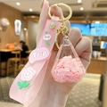 Pink bubble tea bear keychain with liquid glitters and floral silicone strap - Pink Flower - Diamond