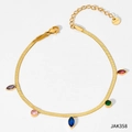 Gold stainless steel snake chain anklet with colorful zircon charms and lobster clasp - Gold With Colorful Zirconia (JAK358)