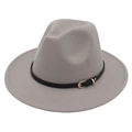 Classic light grey wide brim wool jazz fedora hat with black belt and gold buckle - M (56-58cm) / Light Grey (Black Leather Band)