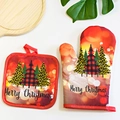 Red Christmas oven mitt and pot holder set with plaid leopard tree pattern - H021 Red Three Christmas Trees