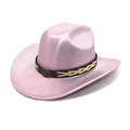 Macro detail of metallic pink cowboy hat with bronze longhorn bull emblem on dark band - M (56-58cm) / Light Pink