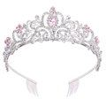 Elegant silver bridal crown with pink crystals and side combs for secure hair styling - Silver + Pink Rhinestone
