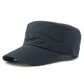 Men's black quick-dry flat top military cap with sports embroidery for outdoor sun protection - Adjustable / Navy Blue