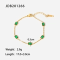 Elegant gold stainless steel bracelet featuring five emerald green rectangular stones - Inlaid Rectangular Green Gemstone Bracelet (JDB201266)