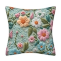 3D floral cushion cover in peach and mint green with textured embroidery style - 18x18 Inch