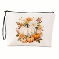Linen makeup bag with autumn pumpkin daisy print and convenient zipper closure - 17x25cm / With Webbing / Off White