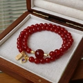 Double-layer red agate bead bracelet with golden Fu charm and purple zircon heart - 38# Gold Fu Heart
