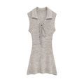 Beige knit sleeveless Polo dress with bow tie detail and textured fabric finish - XS / Gray