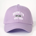 Close-up of white 3D embroidery on lavender Brooklyn New York cotton baseball cap - One Size / Purple