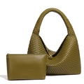 Sac à bandoulière tressé vert olive en forme de lune et sa pochette assortie dorée - Vert Moutarde