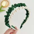 Detailed shot of dark green fabric and white pearl double-layer headband accessory - Pearl Mesh Pleated Headband / Dark Green