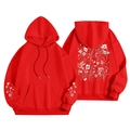 Felpa con cappuccio rosso vivace con ricamo floreale colorato su retro e maniche - S / Tops / Rosso