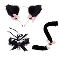 Three-piece black plush cat ear headband with matching lace choker and bell cat tail - Black Cat Ears + Lace Choker with Bell + Tail