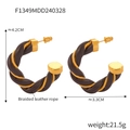 Golden C-shaped earrings with dark brown braided leather rope wrap and geometric twist - Gold Plated Copper With Brown Leather / Brown