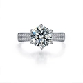 Silver six-prong round moissanite ring with pavé diamonds on the side band - 2 Carats [8mm] Ljz-241 / Adjustable Open