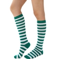 Close-up of green and white striped knee-high socks showing knitted texture and elastic cuff - One Size / Green and White Thin Stripes