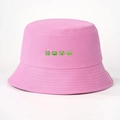 Detailed view of pink cotton bucket hat featuring four cute green frog cartoon patterns - M (56-58cm) / Rose Pink