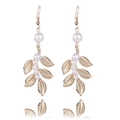 Golden bridal leaf earrings with delicate faux pearls for an elegant wedding jewelry set - Pearl Gold Leaf Earrings
