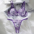 Detail of purple floral embroidery on sheer lace bra and matching thong set - Purple