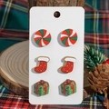 3-pair Christmas stud earrings set featuring candy swirl, Xmas sock and gift box motifs - Candy Swirl Christmas Socks Gift Box Style (SD62540)