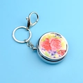 Portable round metal keychain pill box with floral peony pattern on blue background - Rose Pattern (Round Pill Box + Keychain) + Lobster Clasp