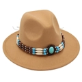 Detail of camel wool felt fedora featuring bohemian beaded band and turquoise stone - One Size / Camel
