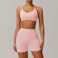 Set yoga a due pezzi rosa chiaro senza cuciture con pantaloncini traspiranti e top sport - S / Rosa Pesca (Reggiseno + Pantaloncini aderenti)