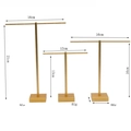 Three gold T-bar metal jewelry stands for earrings with dimension labels on white background - Gold T-Shape Medium / Gold