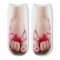 White ankle socks with 3D realistic flip-flop print and red flower pattern - Fabric Style 2