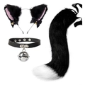 Detailed view of plush cat ears headband, bell collar, and long tail cosplay set - Black Pink Inner + Large Bell PU Choker + Black White Tail
