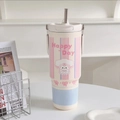 Large cream insulated tumbler with pink and blue stripes and a cute dog illustration - Off-White Pink Blue Stripes - Happy Day Dog