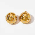 Polished gold-plated sphere stud earrings with inlaid round zircons and mirror finish - Gold With White CZ (KDE1884)