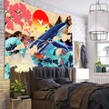 Ethnic bohemian tapestry with blue whale and rising sun art for bedroom wall decor - Japanese Whale Wave / 150x130cm
