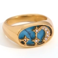 Gold-plated stainless steel ring featuring turquoise stone with star and moon crystal motifs - Cast Oval Turquoise Star Moon Ring-Gold-Size 6