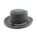 Dark grey pure wool pork pie hat with a tricolor braided band on a white background - M(56-58cm) / Gray