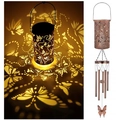 Solar powered bronze moon wind chime with butterfly cutout and warm LED glow - Butterfly Lantern Wind Chime