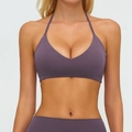 Reggiseno sportivo yoga a lupetto in tessuto spazzolato grigio-viola con scollo a V - S / Viola Melanzana